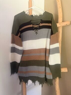 Daytrip Olive Multi-Stripe Lace-Up Distressed Crewneck Sweater